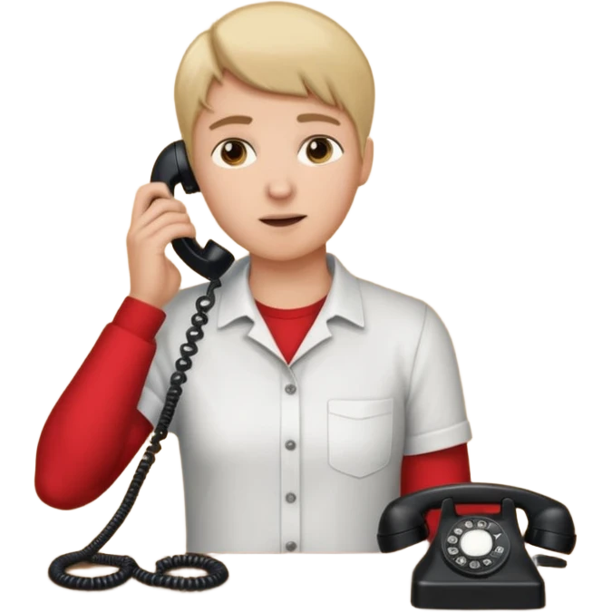 person standing at a desk, holding a telephone receiver to their ear ...