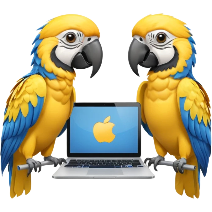 Two yellow and blue macaws using a laptop emoji