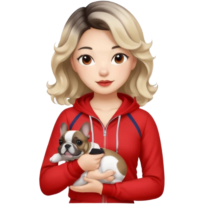 An Asian Lady With Ash Blonde Balayage, Loose Curls, In Red Gym Outfit, Holding A French Bulldog emoji