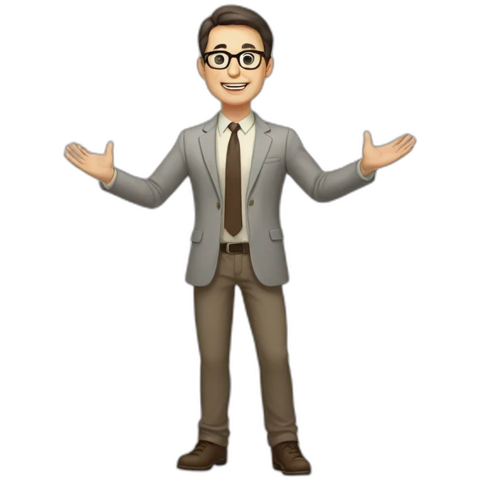 Full height Actively gesturing with hands Pale skinned fit man with dark brown hair in gray jacket, beige office shirt, brown tie, brown pants and vintage glasses. emoji