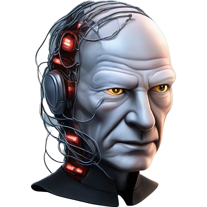 Jean luc picard from Star Trek assimilated by the Borg, with mechanical metal covering the left side of his face, with wires and a red light on the left side. His eyes are blue emoji