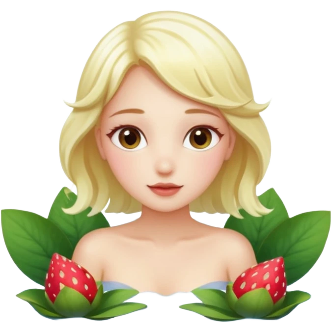 a beautiful girl mix with  watel lili and  Strawberries  being born with an nenuphar on her light hair on stars  emoji