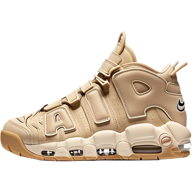 Minimalist beige Nike Air More Uptempo sneakers with one sneaker positioned behind the other, clean simple design with AIR lettering emoji
