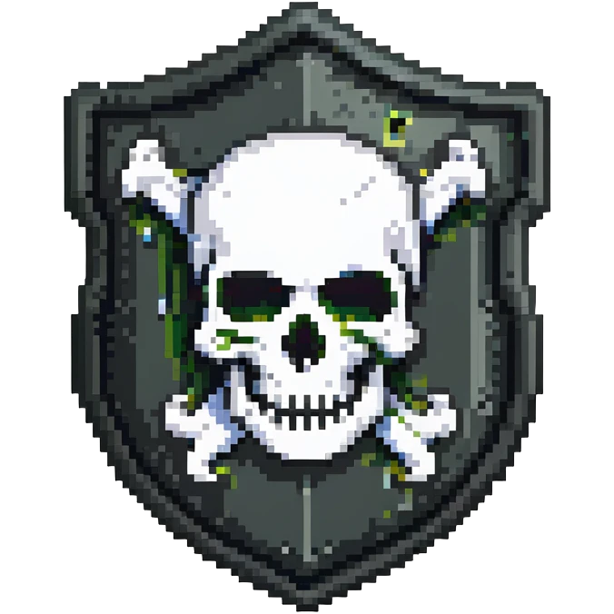 Shield badge with a skull and crossbones and a padlock symbol for cybersecurity, dark color scheme, dangerous looking emoji