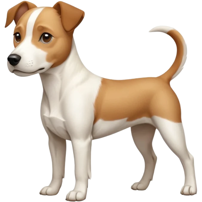 a full body facing front on of a buff white beagle cross jack russell terrier looking dog the size of a kelpie with light brown long ears resting on its face and a light brown patch above one eye and a large snout. the rest of the dog is completely white.  emoji