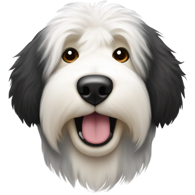Old English sheepdog with a half and half face like a black (right side) and white (left side) cookie emoji