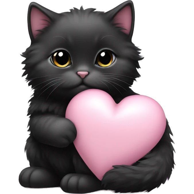black fluffy fat kitten holding pale pink heart emoji