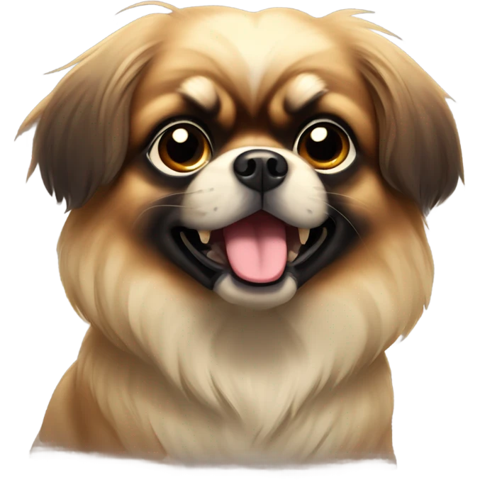 Tibetan spaniel, small, fluffy face with soft brown fur, large expressive black eyes, and a dark nose. Its floppy ears frame the face, and its alert, curious expression draws attention. emoji