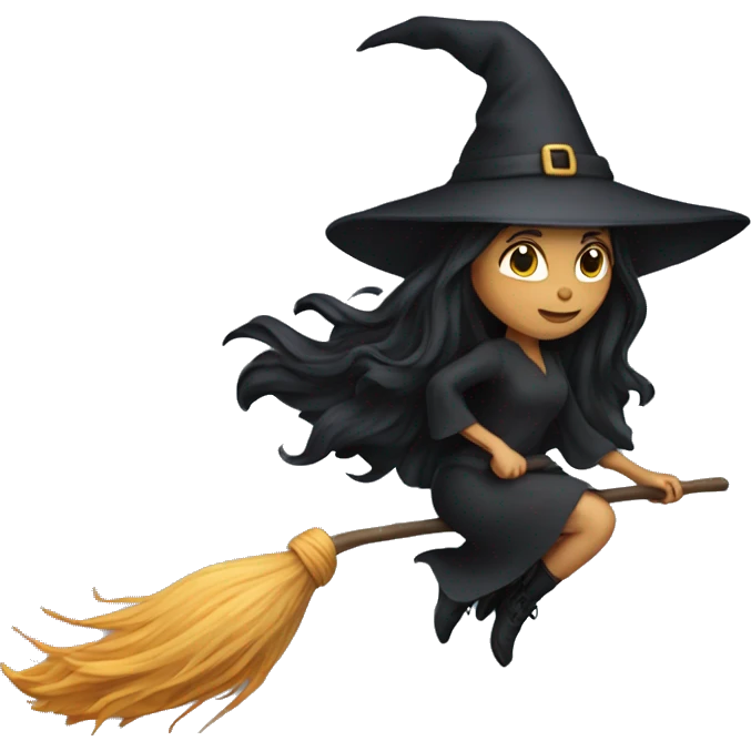dark long hair witch flying on a broom white skin emoji