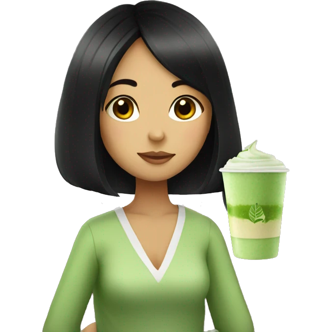 Girl with black hair drinking matcha  emoji