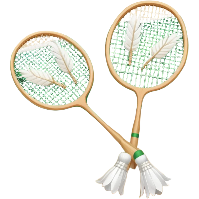 Two crossed badminton rackets with a shuttlecock resting in between, set against the faint outline of a badminton court. The image highlights the tools of the sport, with a subtle emphasis on the court's net and boundaries, symbolizing competition and skill. emoji