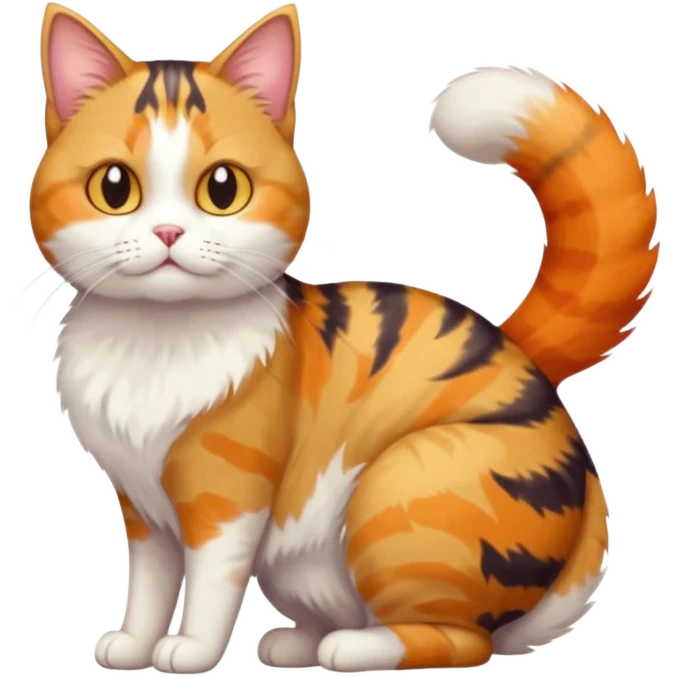 full body colourful calico tabby cat with skinny head and fat body with an anxious face emoji