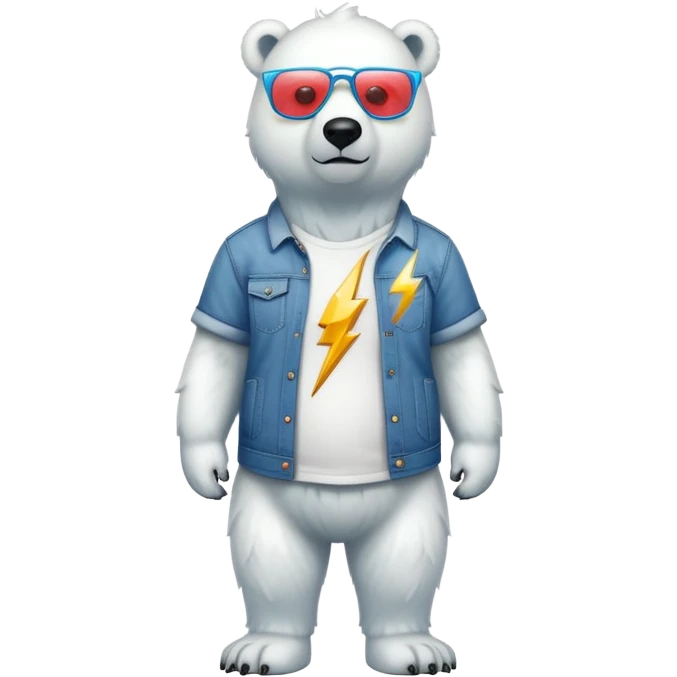 friendly anthropomorphised polar bear standing upright, looking chilled and unbothered, wearing a shirt, jeans, trainers, and lightning bolt-shaped colorful glasses emoji