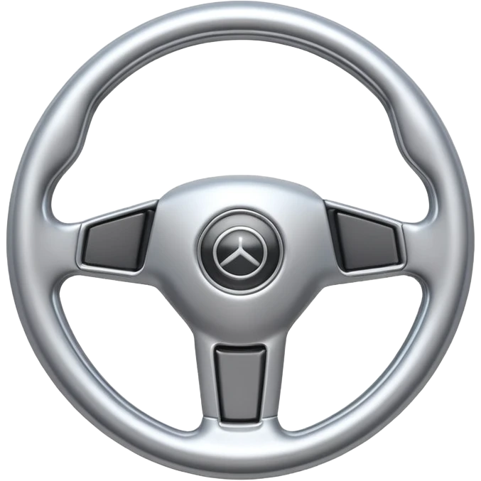 A futuristic steering wheel emoji made of silver chrome, minimal geometric design, smooth metallic surface, soft reflections, iOS emoji style, centered, clean white background emoji