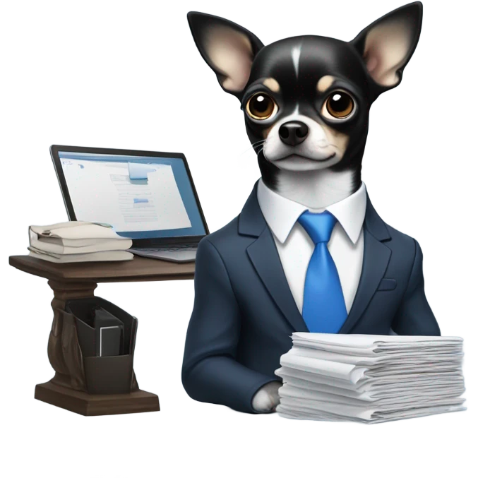 Black and white chihuahua that is running a large company and wears a blue suit with a blue tie emoji