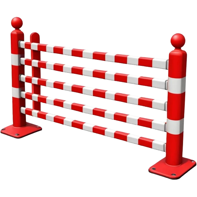 Flat emoji-style icon of a parking barrier gate (boom barrier).
Red and white striped horizontal arm, raised at a slight angle.
Simple geometric shapes, clean vector design.
No text, no background, transparent or plain background.
Bright colors, high contrast.
Centered object, minimal details. emoji