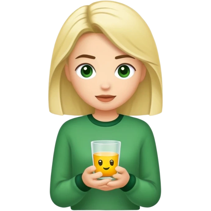 Vuxen kvinna, långt lockigt svart hår, gröna ögon, grön tröja, glad  emoji