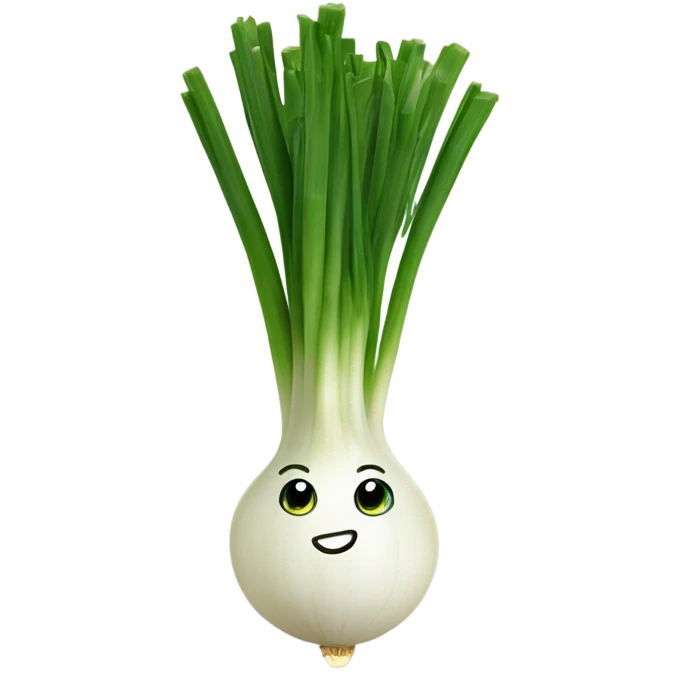 Smiling green onion with a bundle of long, thin green stalks as hair, big expressive eyes, and a cheerful cartoonish face on the white bulb section. Vibrant and playful design. emoji