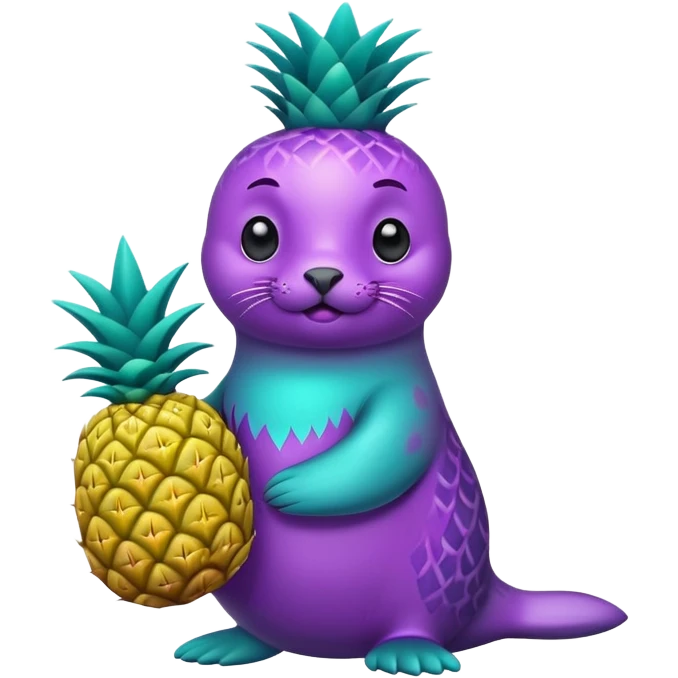 seal that is teal and holding a pineapple that is purple emoji