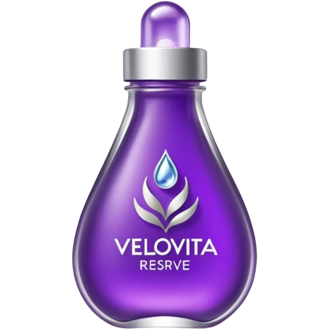 premium modern emoji of VELOVITA RESERVE: small purple wellness shot pouch with silver accents and droplet logo, antioxidant health supplement, sleek high-end look emoji