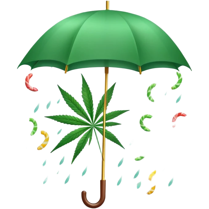 Candy raining from the sky with an umbrella and a cannabis leaf emoji