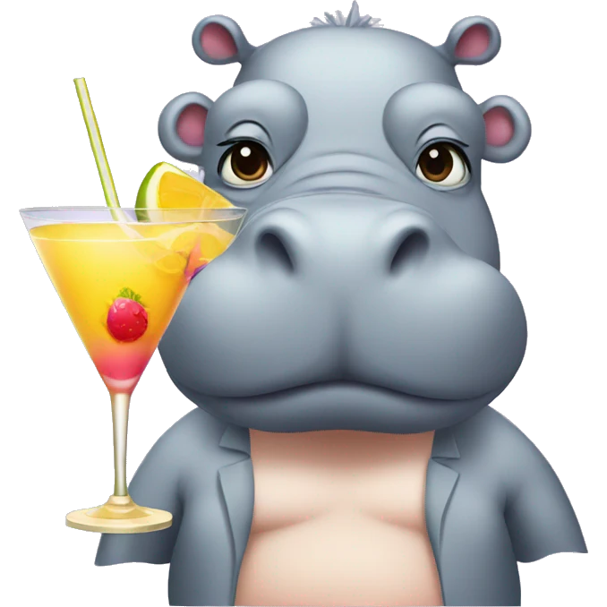 hippo wearing a wig, swimsuit and makeup  with a cocktail emoji