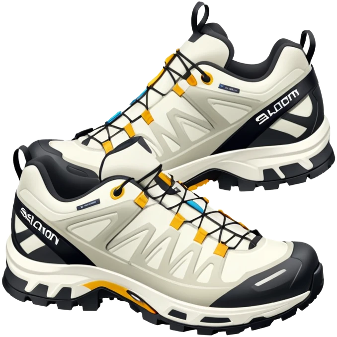 Minimalist iOS-style emoji of white Salomon XT-6 Gore-Tex shoes positioned as a pair with one behind the other, simple clean lines but recognizable technical hiking shoe details emoji