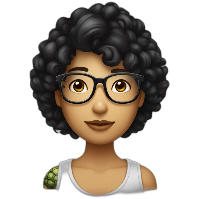 Beau jeune brun cheveux noir bouclé coupe dégradé avec un tatouage de tortue met de lunette noir et grand de taille emoji