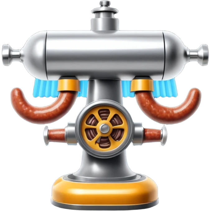sausage-processing droid. retro-futuristic style. top is a circular industrial meat grinder with rotating gears and blades. Two robotic arms feed material into grinder. Sausage links extrude from the rear like  factory. The body is metallic, compact, and floats above the ground.no legs. Dark humor emoji
