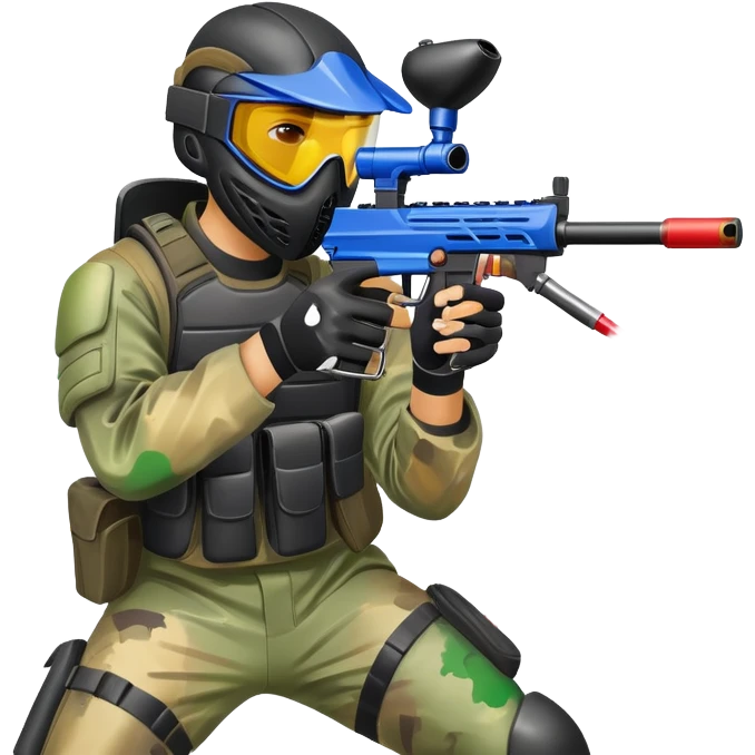A paintball player in full gear, aiming a paintball gun with focus and determination. The scene includes vibrant splashes of paint and a dynamic battlefield setting, emphasizing action, strategy, and teamwork in a competitive environment emoji