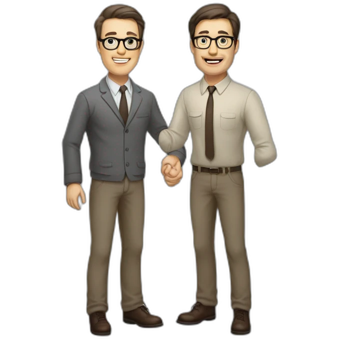 Full height Actively gesturing with hands Pale skinned fit man with dark brown hair in gray jacket, beige office shirt, brown tie, brown pants and vintage glasses. emoji
