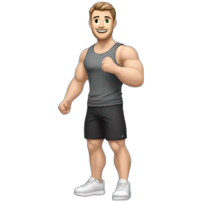 Full height realistic Actively gesturing with hands Pale skinned Fit Man With the biceps and brown hair in dark gray Sleeveless Mike, black oversize sports shorts, watch and white Sneakers emoji