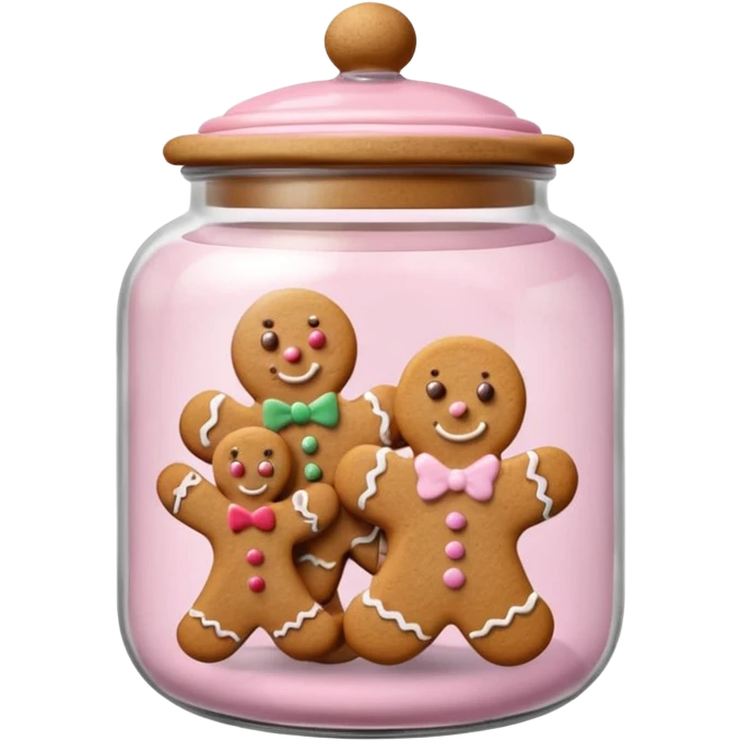 Realistic glass cookie jar with light pink lid full of gingerbread cookies isolated emoji