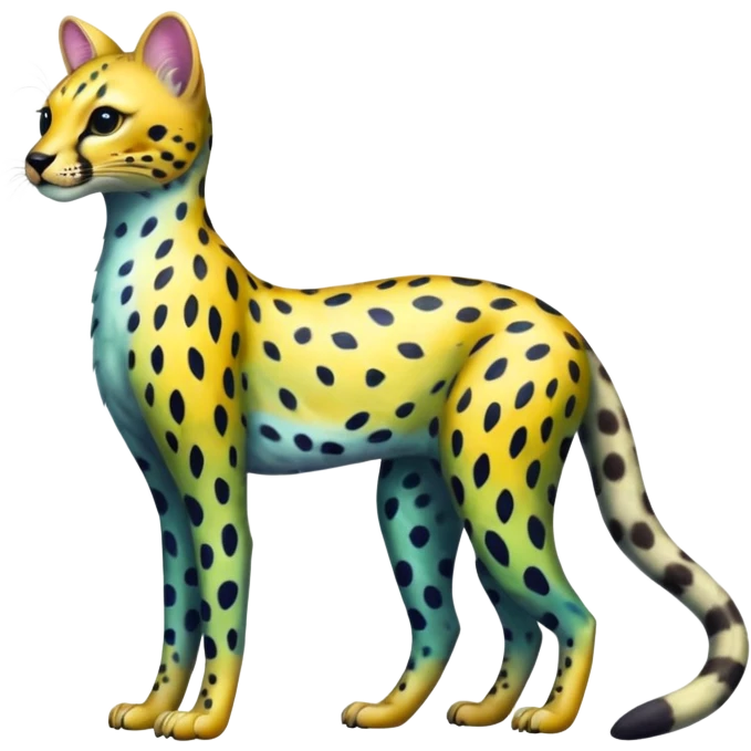 Colorful iridescent shiny Leopard-Cheetah-Serval-Civet-Trico-Sergal-Vernid-fusion-hybrid-animal-creature, dull body emoji