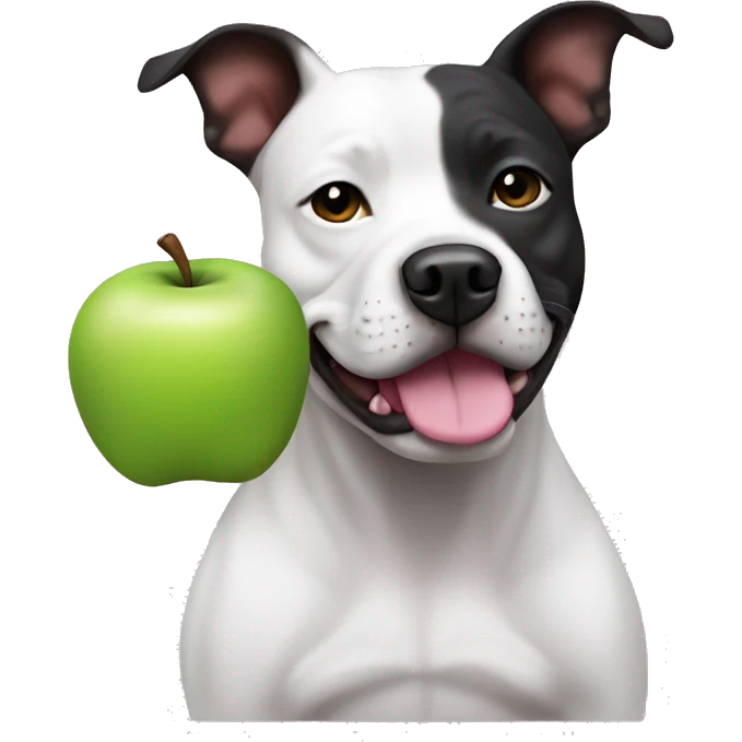 staffy dog has a white face. he has black ears, with a pink hue inside the ear. he has spots, which are on his mane not on his face! he is sitting down and make him look like an apple emoji  emoji