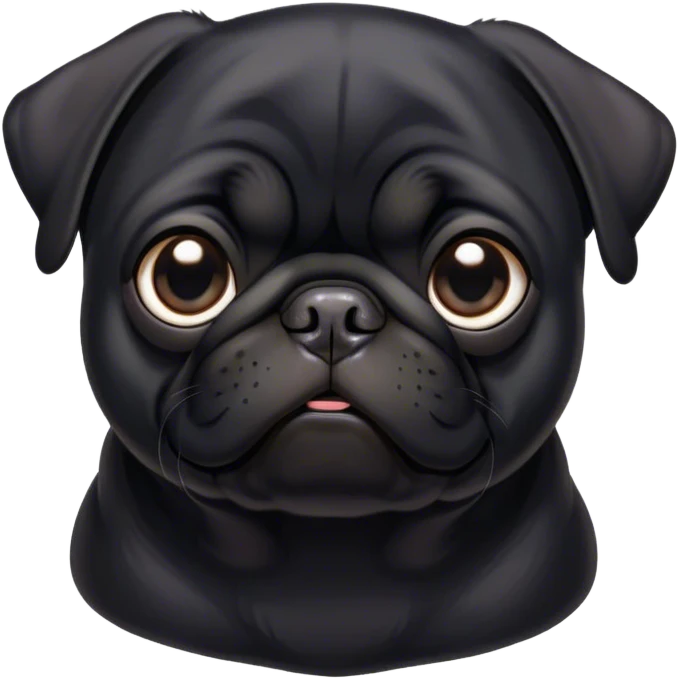 Cinematic Noble Black Pug Portrait Emoji, Poised and regal, with a compact, sturdy build and a sleek, shiny pure black coat, deep-set soulful dark eyes, Simplified yet sharp and sophisticated features, highly detailed, glowing with a soft, dignified glow, high shine, intelligent and spirited, stylized with an air of confidence, focused and attentive, soft glowing outline, capturing the essence of a watchful and commanding companion, so majestic it feels as though it could prance out of the screen with effortless authority! emoji