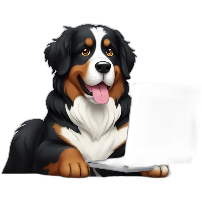 Bernese mountain dog writing on a computer emoji