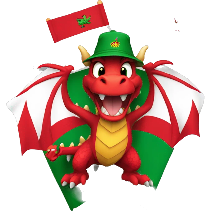 Excited Welsh dragon holding 2 small Welsh flags wearing a Wales FA bucket hat emoji