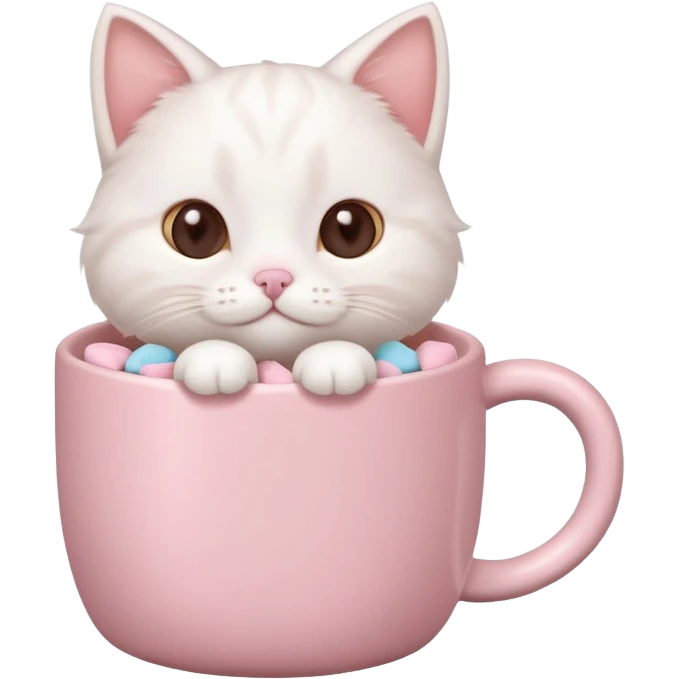 cute white cat relaxing in a pastel pink mug of cocoa with marshmallows, soft lighting, rounded shapes emoji
