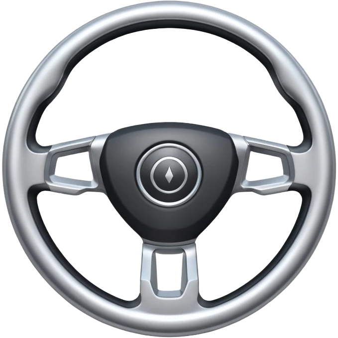 A futuristic steering wheel emoji made of silver chrome, minimal geometric design, smooth metallic surface, soft reflections, iOS emoji style, centered, clean white background emoji