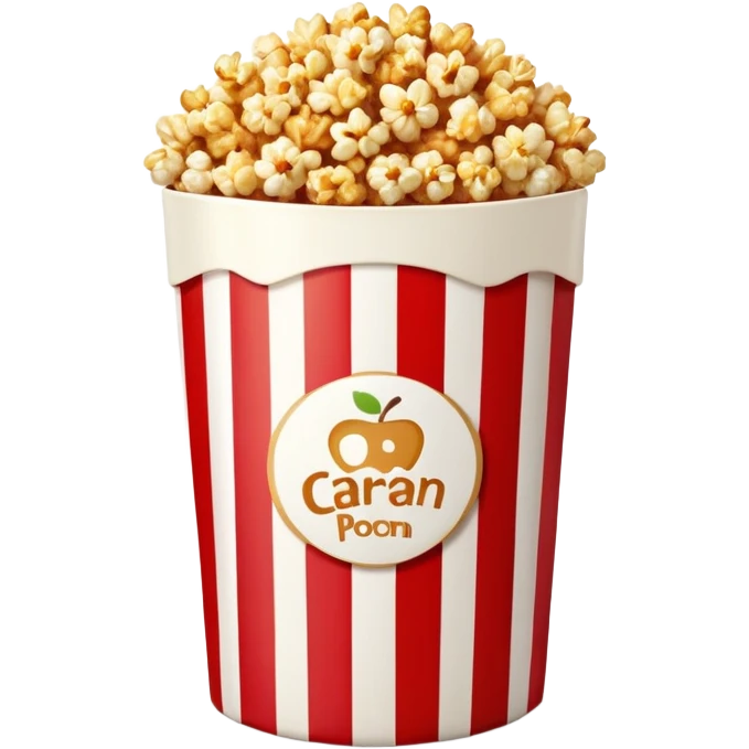 caramel popcorn in an extra large red and white vertically striped package, thick bold stripes, golden brown caramel popcorn, authentic Apple emoji style with glossy finish and subtle gradients, package dominates the image, minimalist clean design, no text emoji