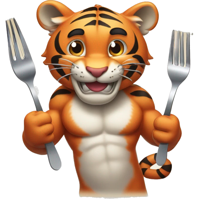 a muscular grinning tiger holding a fork poking into a fillet of salmon with the tip of its paws emoji