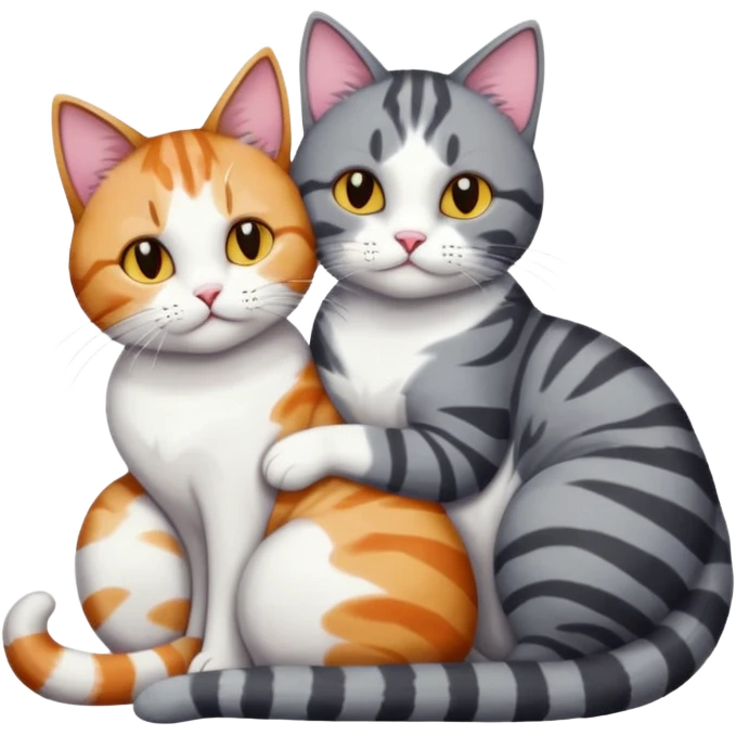 full body colourful light patched calico + white tabby cat cuddling a bigger cat that is dark grey and white tabby cat  and they are in love emoji