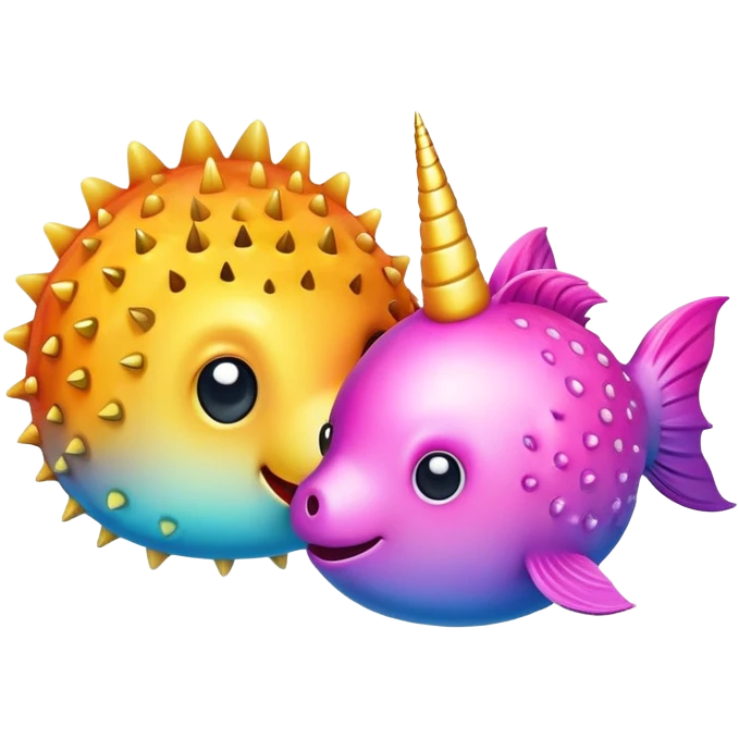 Emoji stile with invisible background, a pufferfish and a unicorn in love emoji