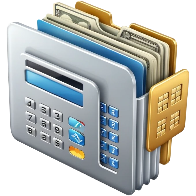 Closed folder icon with small symbols floating around: bank building, credit card, calculator, and document – organized financial archive emoji