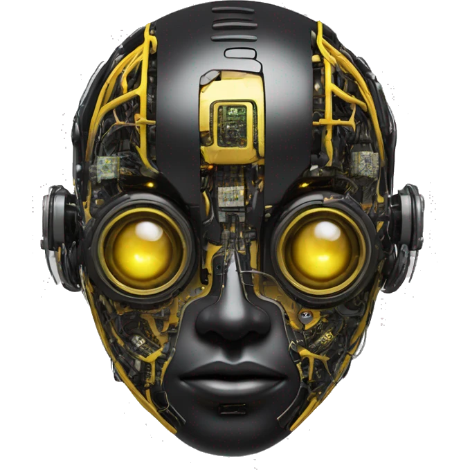 black and yellow cyborg head with circuitry and artificial eyeball emoji