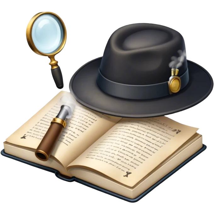 Icon for Detective Reading: an open book with text and a magnifying glass, a detective’s hat and a notebook with clues, surrounded by dark shadows and mysterious elements like footprints and a smoking pipe. Transparent background. emoji