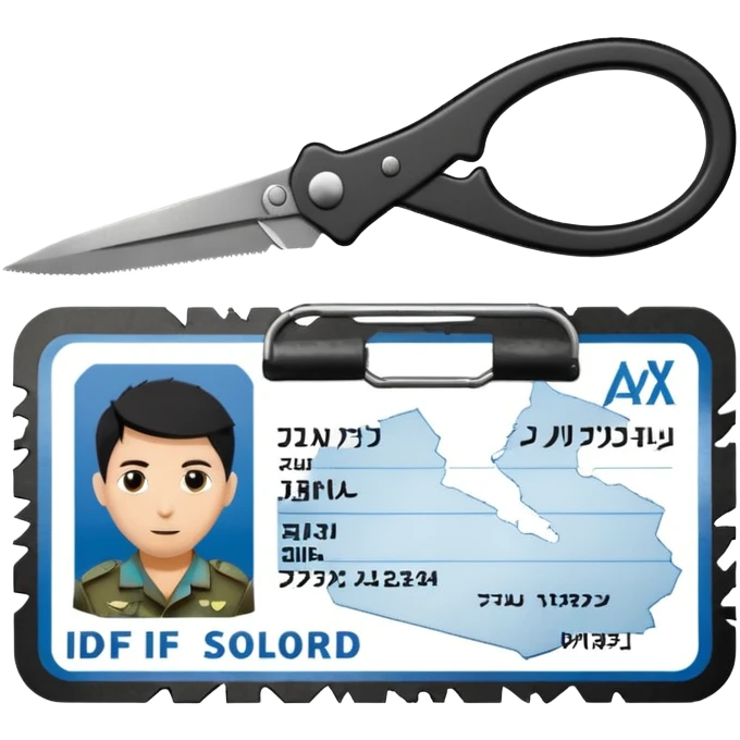 black Scissors cutting an idf soldier ID card in 2 parts .hyper realistic emoji