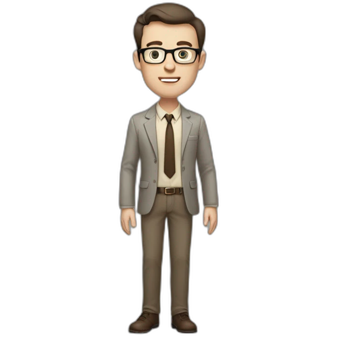 Full height Actively Gesturing Pale skinned fit man with dark brown hair in gray jacket, beige office shirt, brown tie, brown pants and vintage glasses. emoji