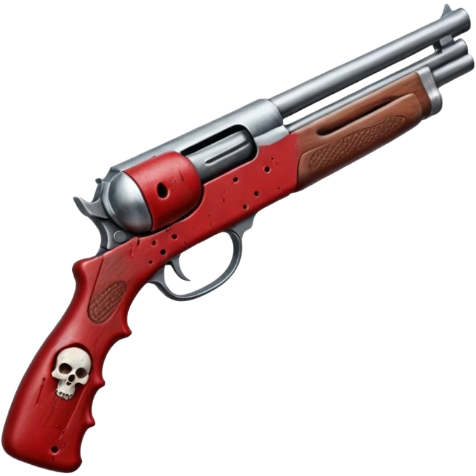Hands on a bloody shotgun pointed out to shoot from the cameras perspective. In the style of your bloody skull art work emoji